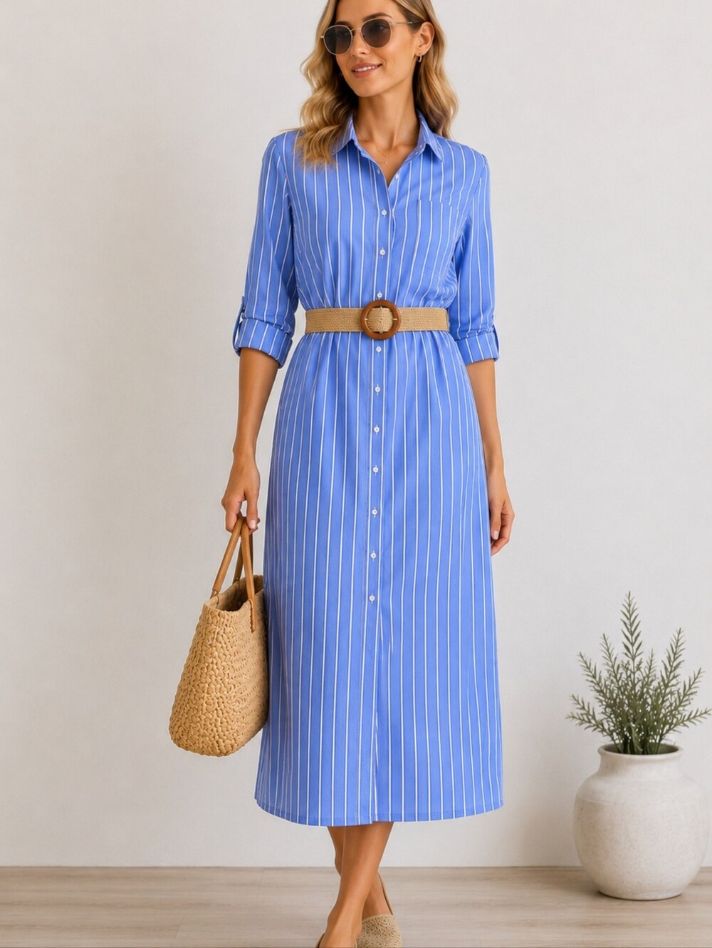 Zara Blue Striped Shirt Dress with Original Woven Belt – Size L